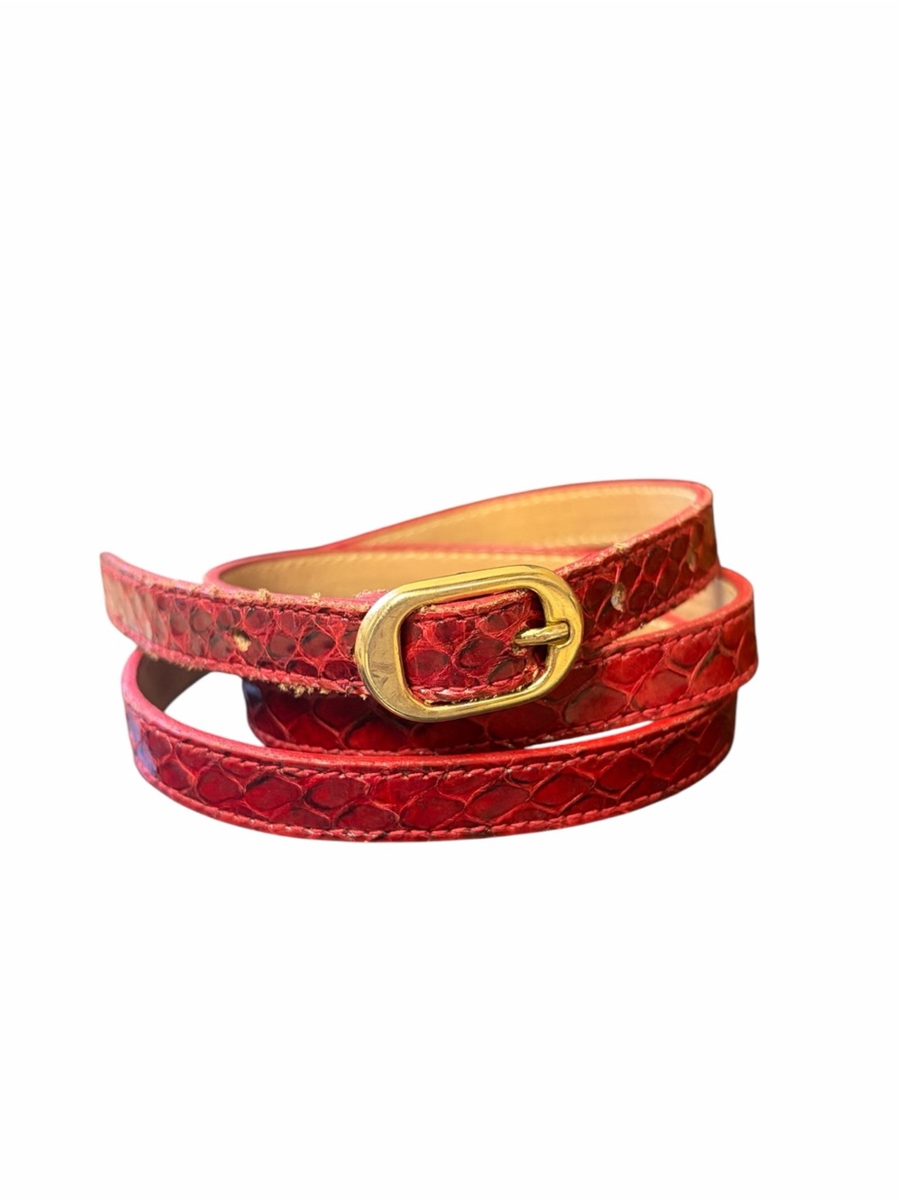 Vintage Morris Moskowitz Red Snakeskin Skinny Belt Gold Buckle Size M 8695